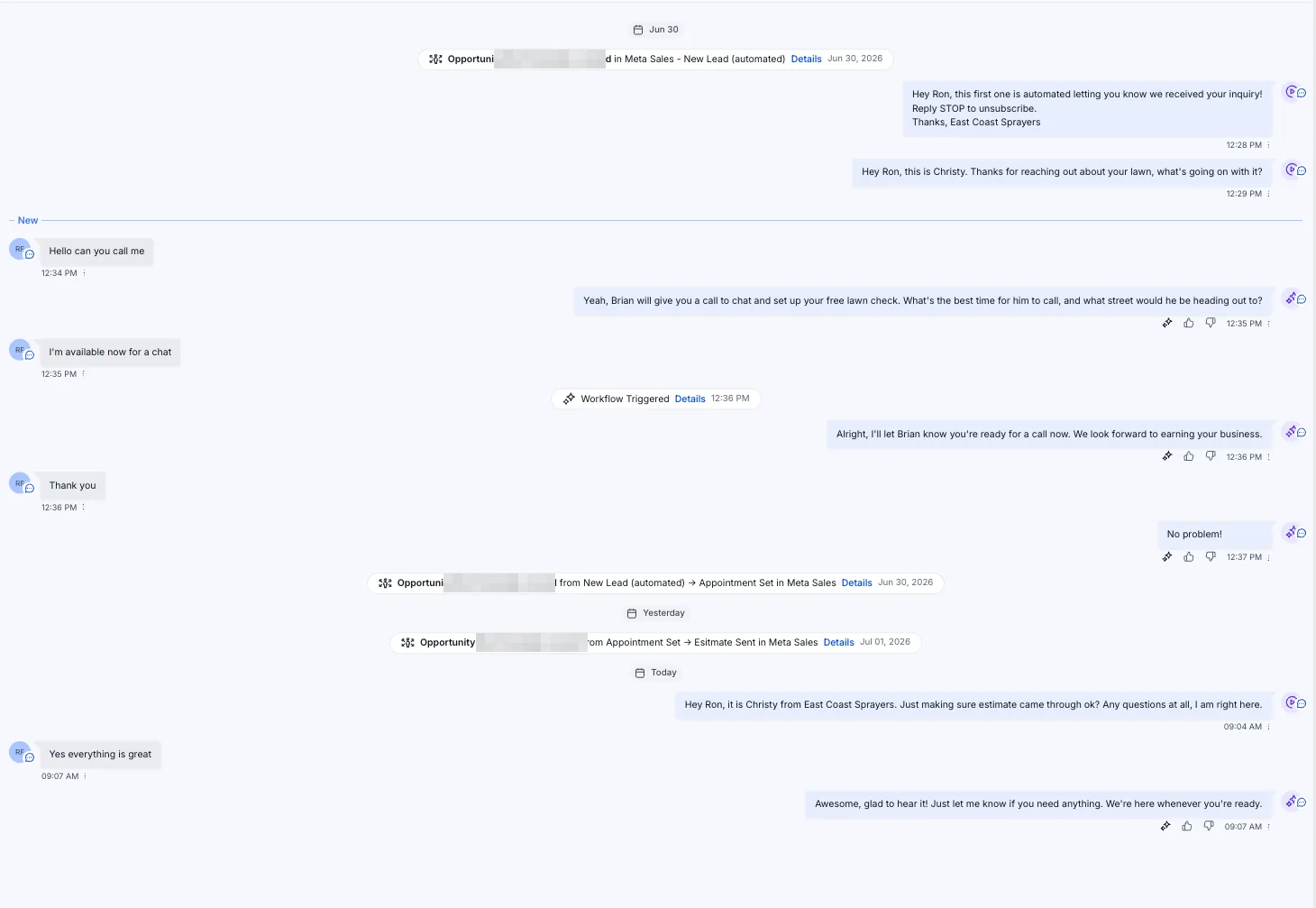 A real conversation: the AI setter answers in seconds, books the call, and follows up on the estimate