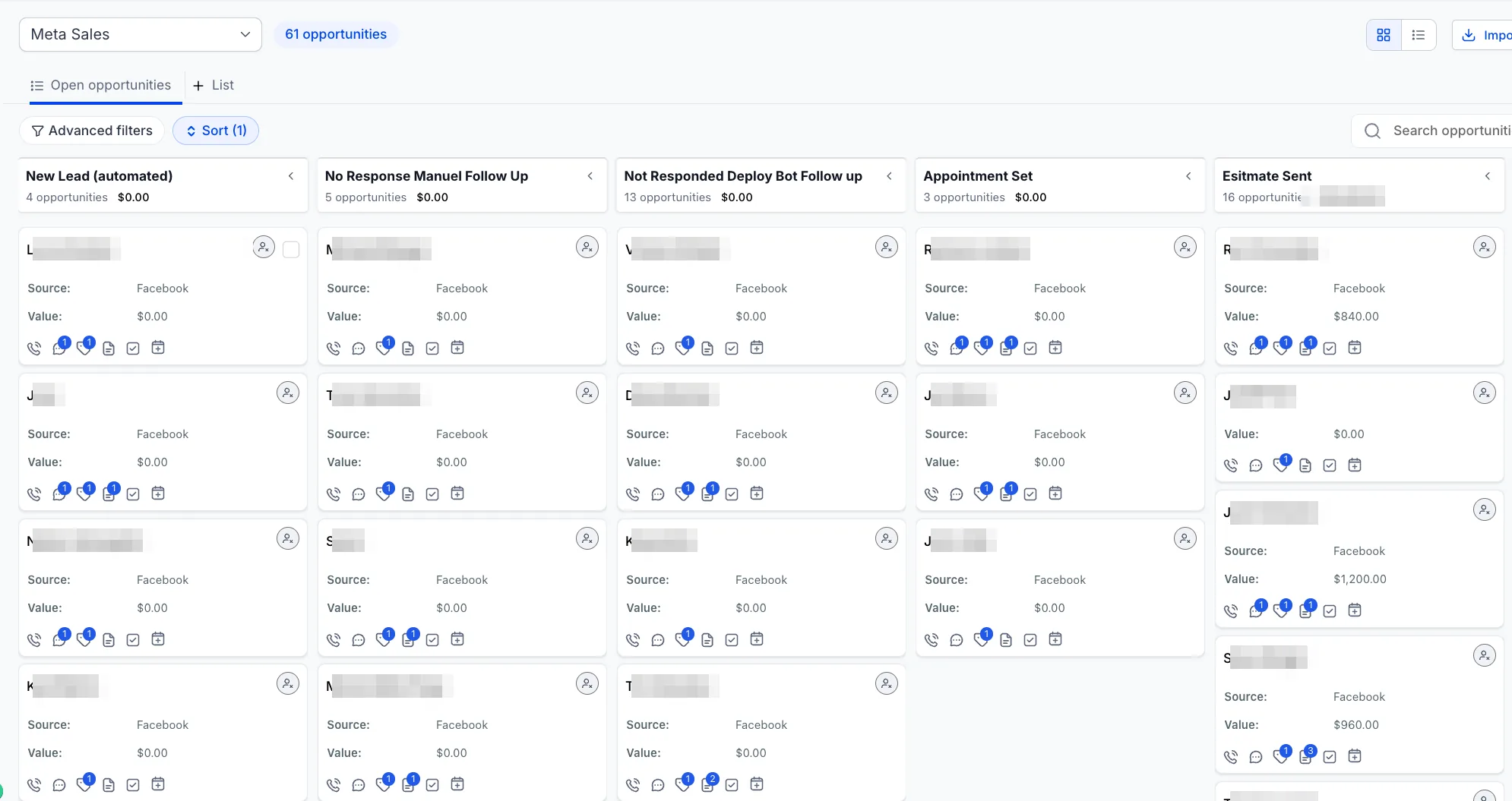 The live client pipeline with 61 opportunities moving toward estimate sent