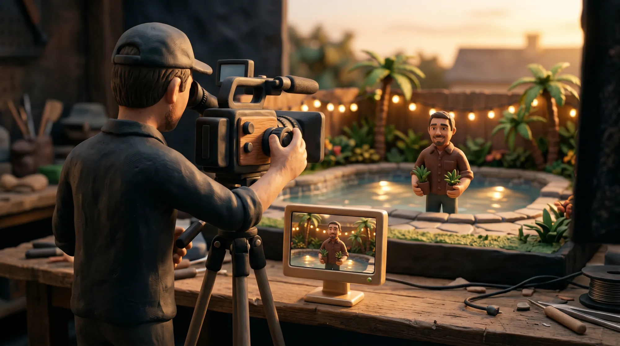 A clay filmmaker at his workbench, filming the miniature world of a local business